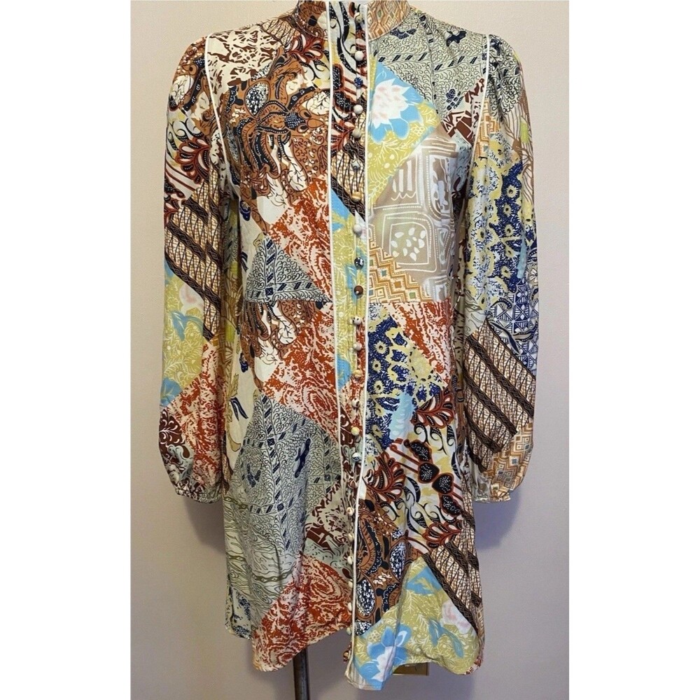 Dalia MacPhee Patchwork Mini Dress Long Sleeve Button Belted Bohemian Chic M - Picture 4 of 6
